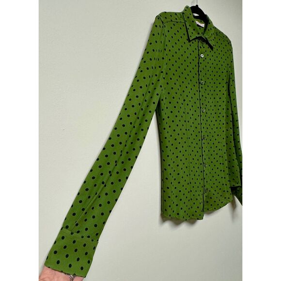 R.E.D. VALENTINO Green Button Down Blouse With Black Polka Dots, Sz 42 (6) - Picture 3 of 11